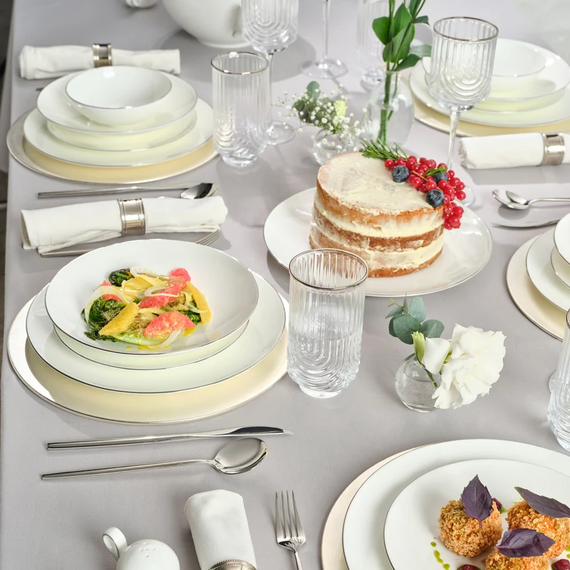 Karaca Fine Pearl Extra Chanak 55-teiliges Tafelservice für 12 Personen Platin