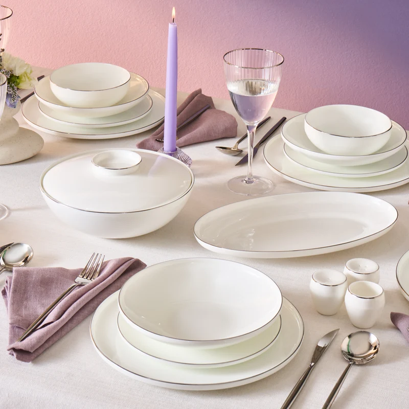 Karaca Fine Bone Meridian 55-teiliges Tafelservice für 12 Personen Platin
