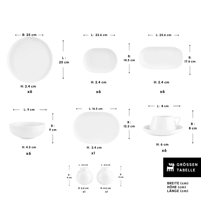 Karaca Stream Bone Meridian 34-teiliges Frühstücksset für 6 Personen – Weiß