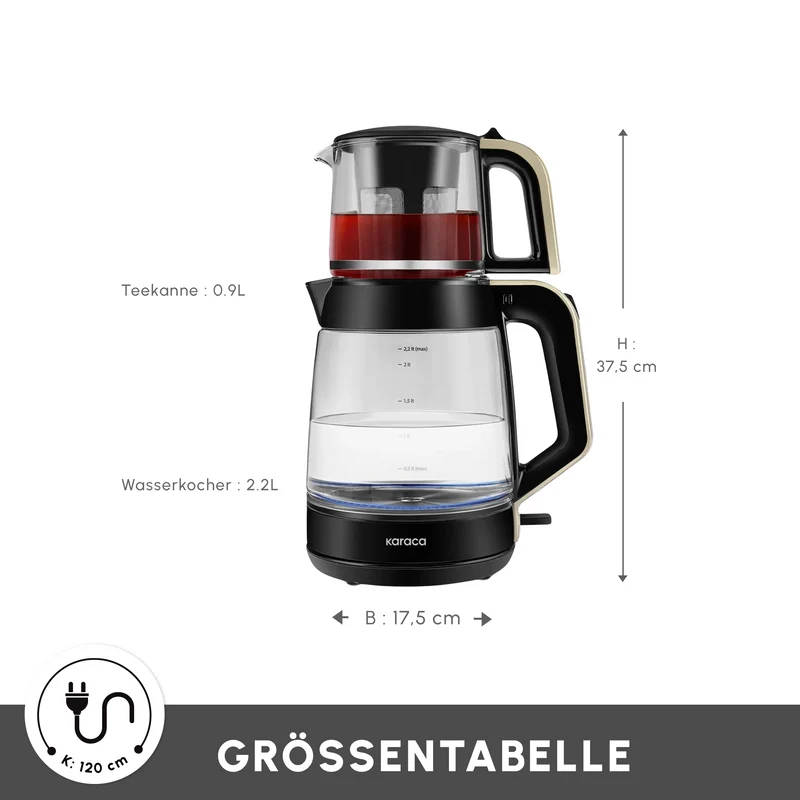 Karaca Glass Tea XL 2in1 Glas-Teezubereiter und Wasserkocher Creme