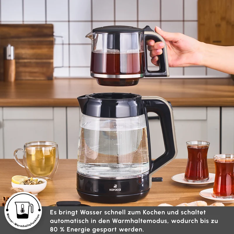 Karaca Glass Tea XL 2in1 Glas-Teezubereiter und Wasserkocher Creme