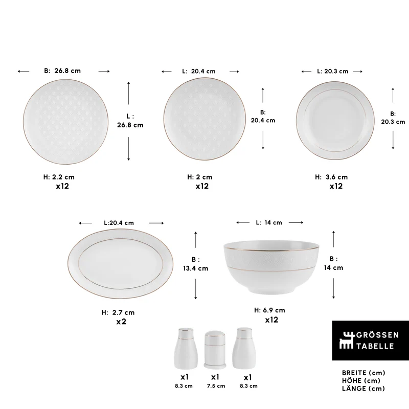 Karaca Elegance Bone Mandarin 53-teiliges Tafelservice für 12 Personen Gold