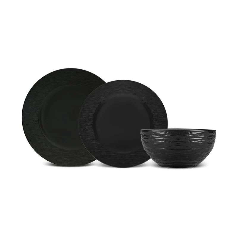 Karaca Solem Embossed 18-teiliges Steinzeug-Tafelservice für 6 Personen, Schwarz