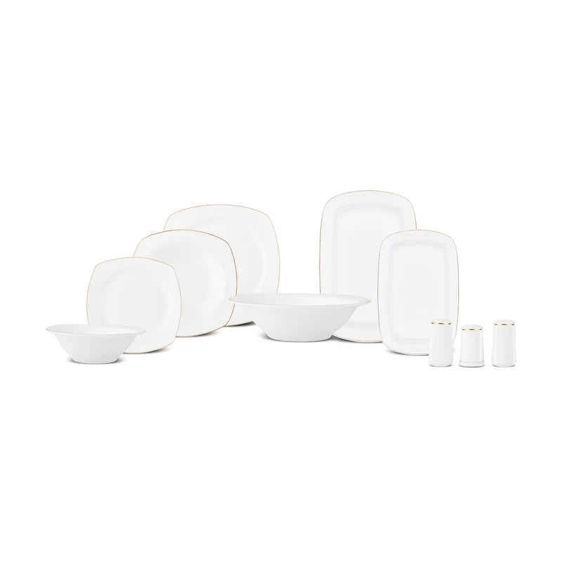 Karaca Timeless 59-teiliges Porzellan Halb-Quadratisches Dinner-Set für 12 Personen, Gold