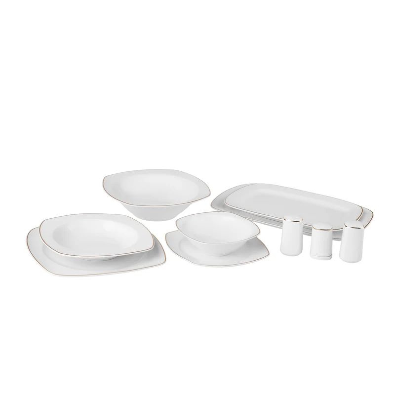 Karaca Timeless 59-teiliges Porzellan Halb-Quadratisches Dinner-Set für 12 Personen, Gold