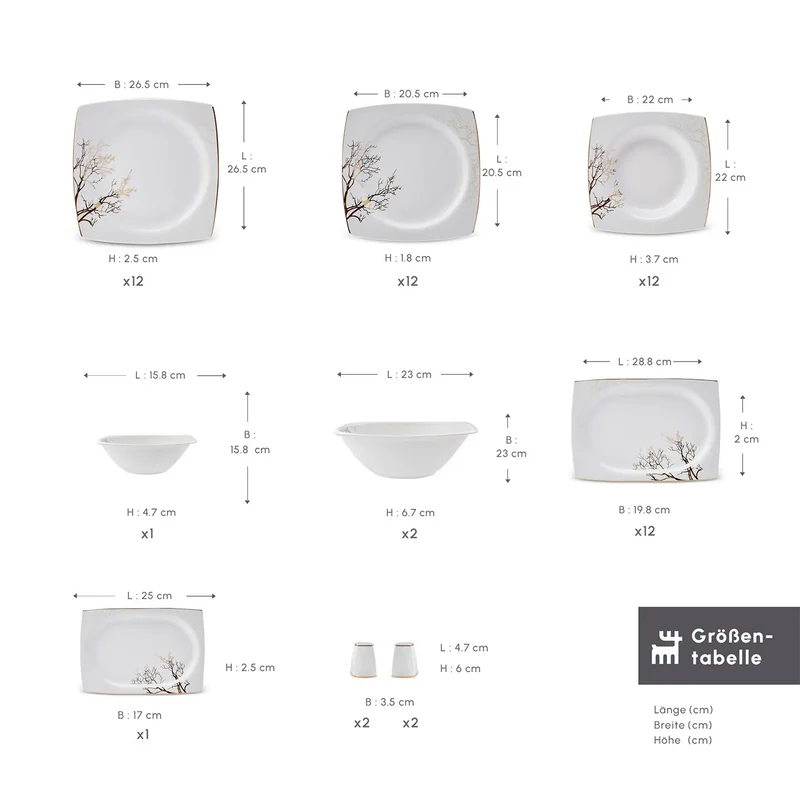 Karaca Square Bone New Autumn 57-Teiliges 12-Personen Geschirrset Gold