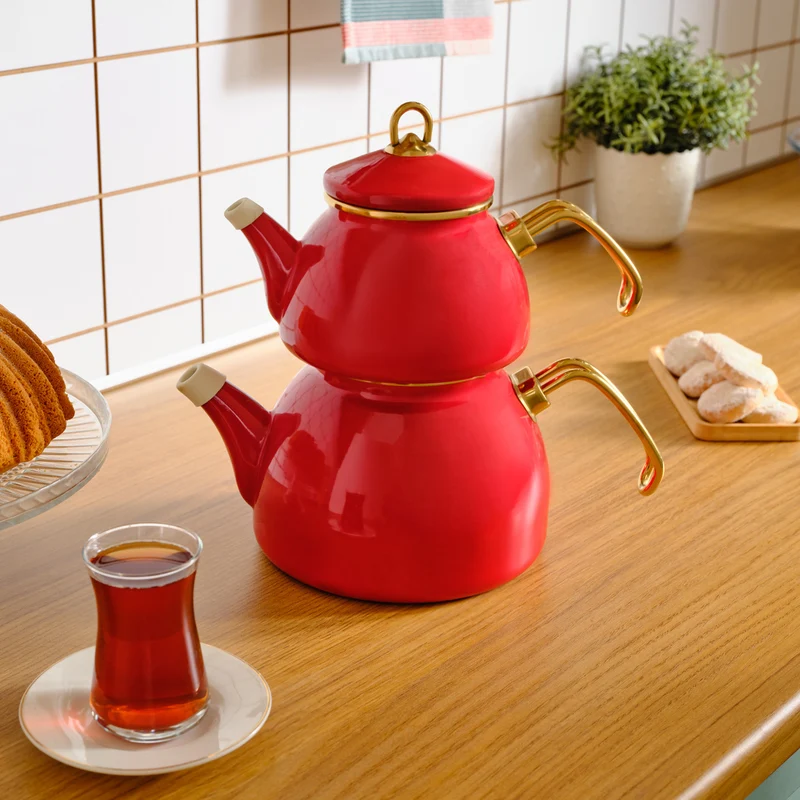 Karaca Retro Emaille Teekannen- Set Rot