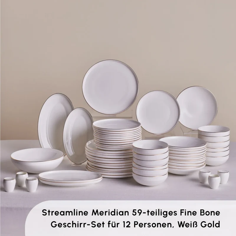 Karaca Stream Bone New Meridian 59-Teiliges 12-Personen Geschirrset Gold