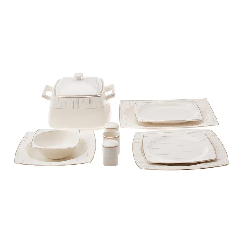 Karaca Batik Cream 60-teiliges Tafelgeschirr-Set für 12 Personen Gold Quadrat