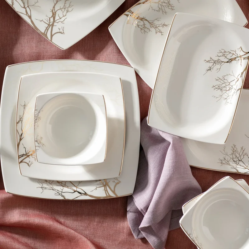 Karaca Autumn Fine Cream 60-teiliges Porzellangeschirr für 12 Personen quadratisch