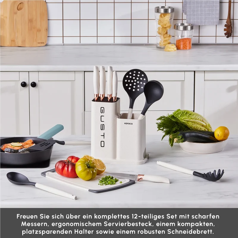 Karaca Gusto 12-teiliges Messer-/Schneidebrett-Set in Creme