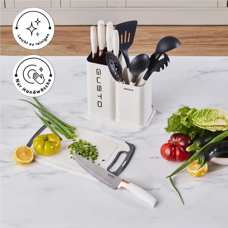 Karaca Gusto 12-teiliges Messer-/Schneidebrett-Set in Creme