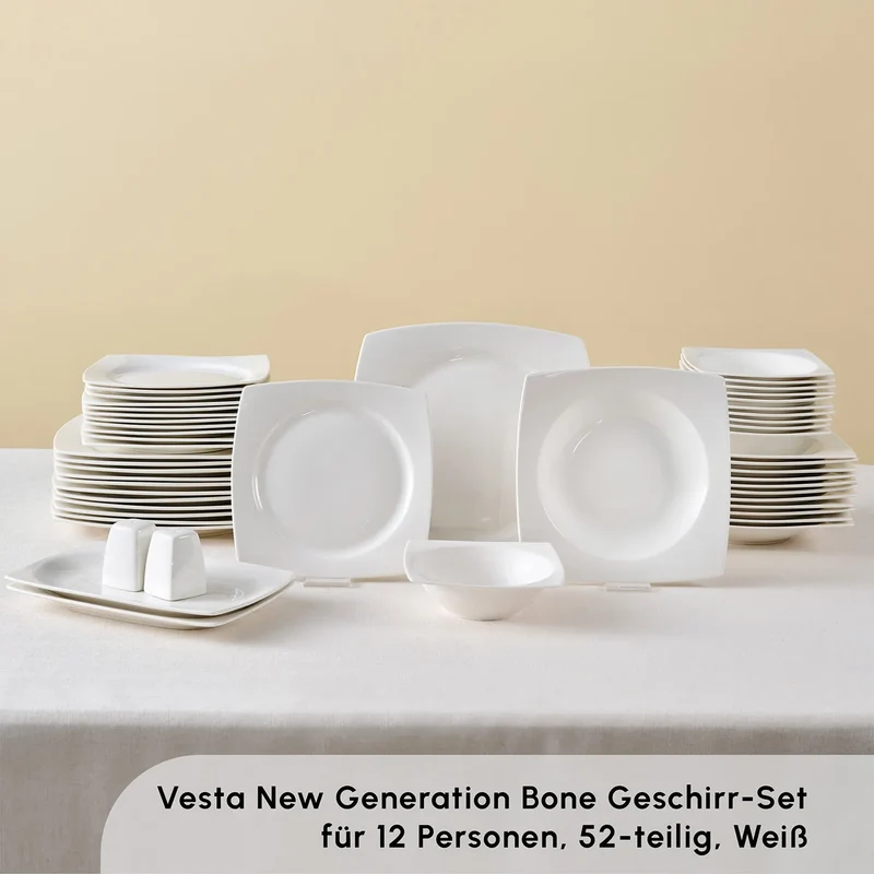 Karaca Square Bone Jamie White 52-Teiliges 12-Personen Geschirrset