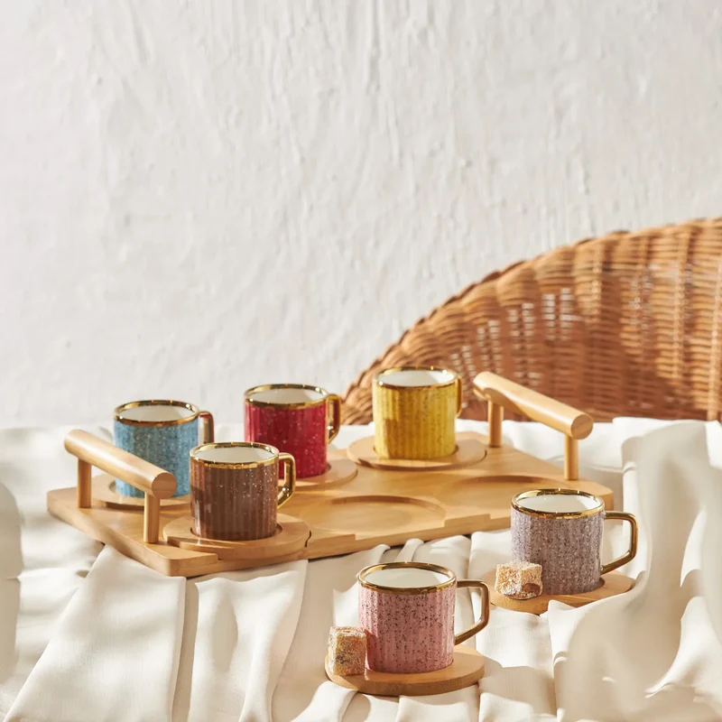 Karaca Bambus farbige Kaffeetasse Set, 6 Personen, 90 ml mit Tablett