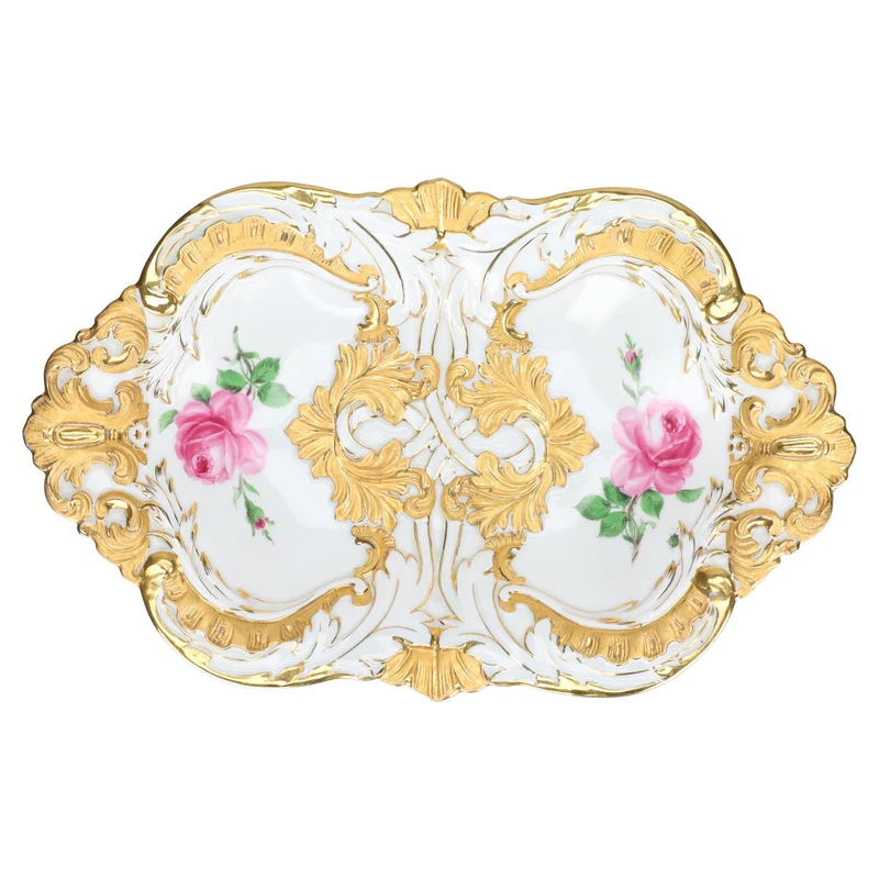 Prunkschale oval II.W Pfeifferzeit mit Goldapplikationen Rote Rose