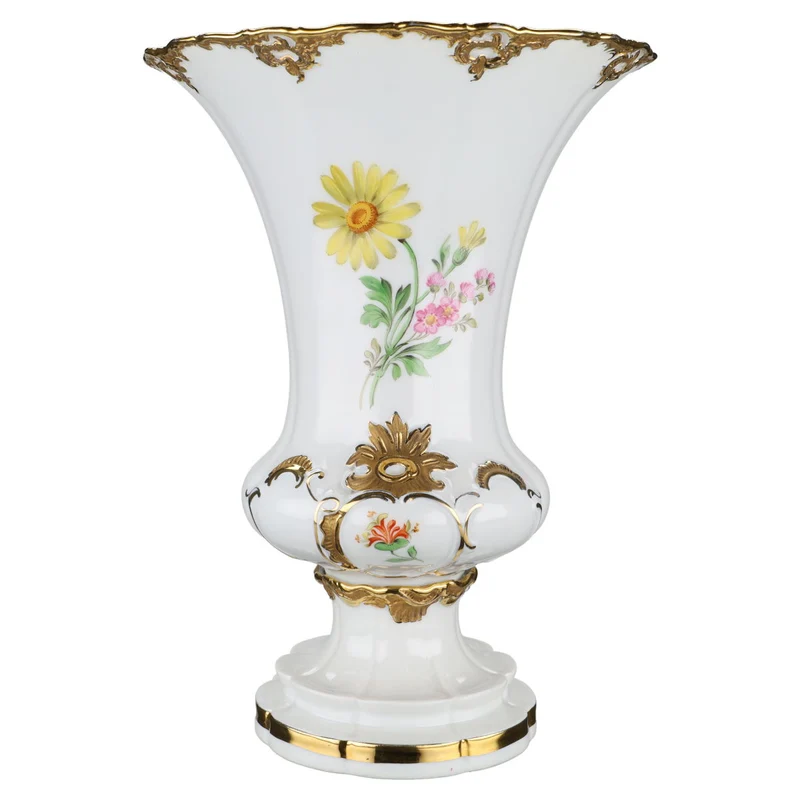 Trichtervase auf Fuß groß Prunk Bunte Blume mit Goldapplikationen I.W Pfeifferzeit